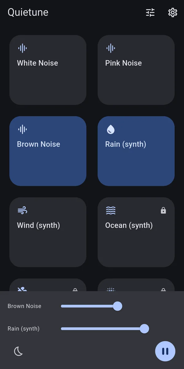 Quietune home: Brown Noise and Rain selected, each with its own volume slider in the player bar