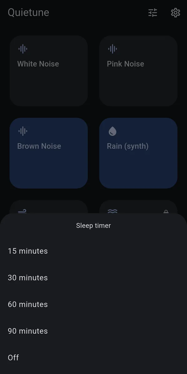 Quietune sleep timer sheet with 15, 30, 60 and 90 minutes and Off